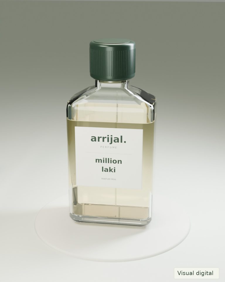 Visual digital botol parfum million laki dari Arrijal Perfume — tampak depan
